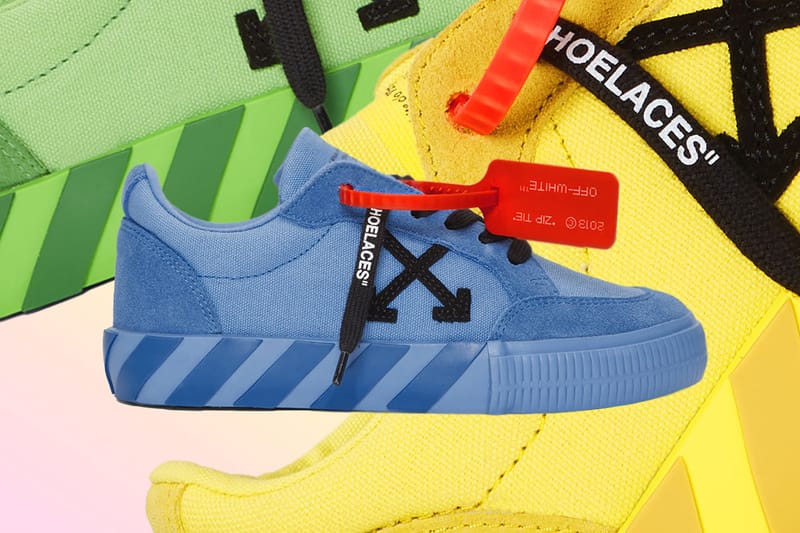 색색의 오프 화이트 x 에센스 협업 스니커, 로우 벌카나이즈드 컬렉션