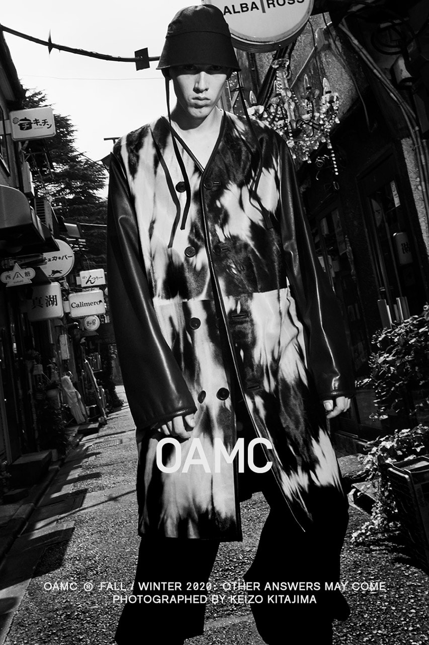 도쿄의 구석구석에서 촬영된 OAMC 2020년 가을, 겨울 캠페인, 애시드 다이, 트렌치코트, 가죽 코트, duane shirts, 루크 마이어