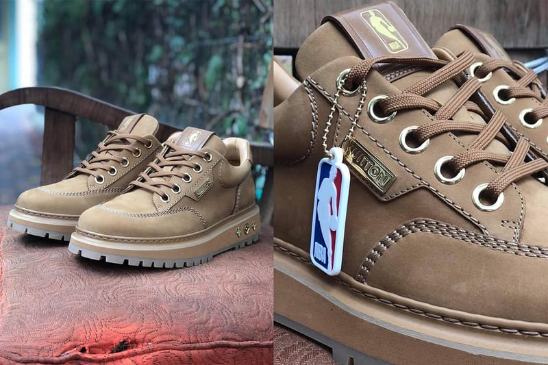 브라운 스웨이드에 금속 배지, NBA x 루이 비통 협업 스니커 상세 사진 유출