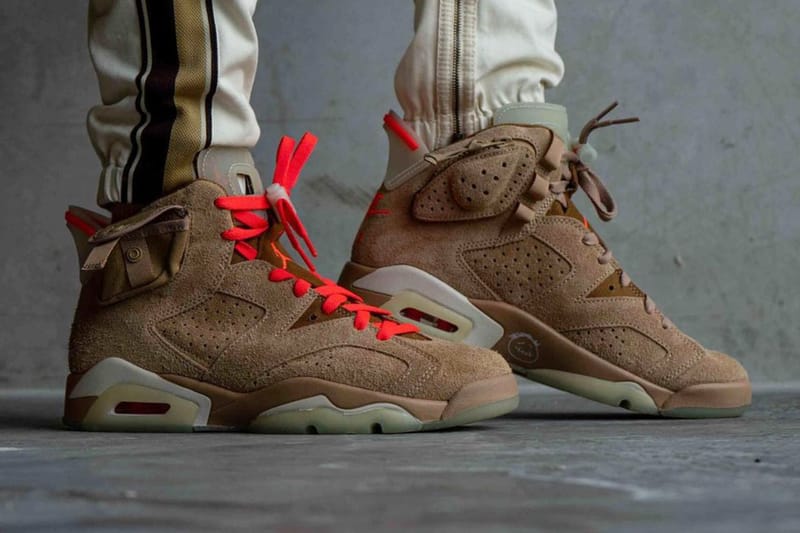 야광 디테일 확인 가능, 트래비스 스콧 x 나이키 에어 조던 6 '브리티시 카키' 상세 착용 사진