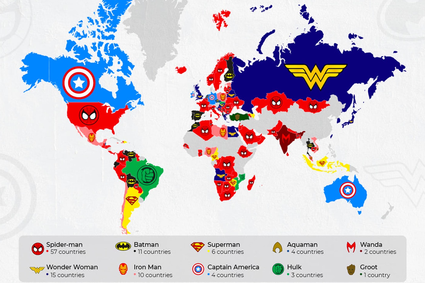 전 세계 국가별 ‘마블 vs DC’ 선호도 및 ‘인기 히어로’ 분포도가 공개됐다, 원더우먼, 타노스, 조커, 아이언맨, 스파이더맨, MCU, DCEU