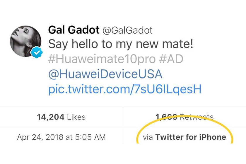 Wonder Woman Gal Gadot tweets praise for her new Huawei Mate 10 from an iPhone