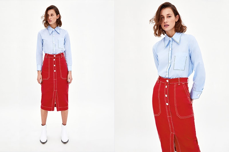 zara red denim pencil skirt