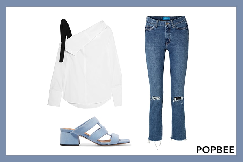 non-aging-outfit-formula off shoulder top jeans sandals