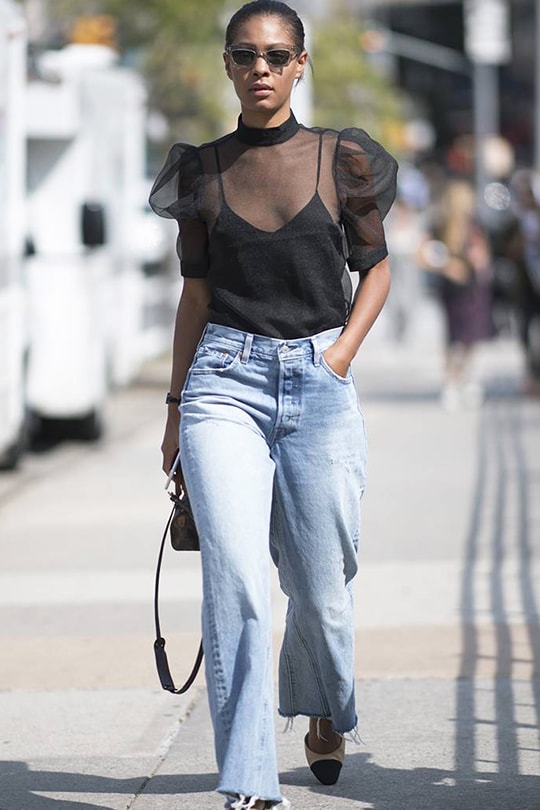 non-aging-outfit-formula off shoulder top jeans sneakers sandals