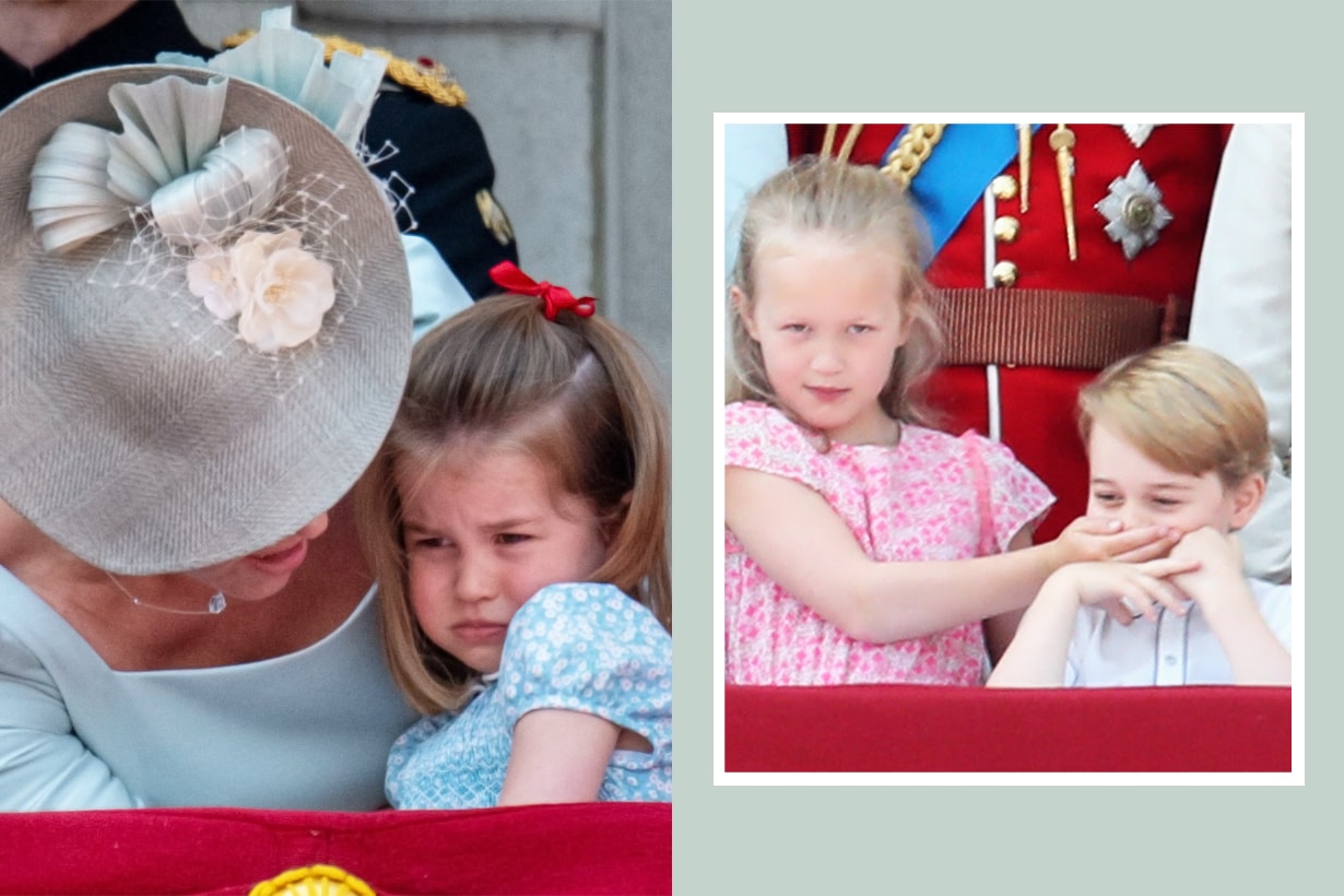 Trooping the Colour Buckingham Palace balcony Queen Elizabeth II Princess Charlotte Fell Crying Kate Middleton Prince George Covered mouth cousin Savannah Phillips Princess Anne Great grandchild
