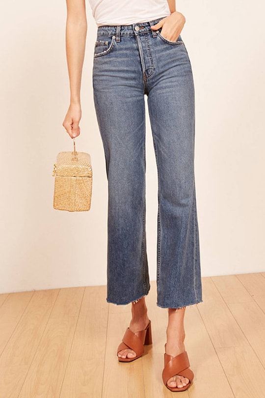 high-waisted jeans with a wide-leg fit and a cropped hem