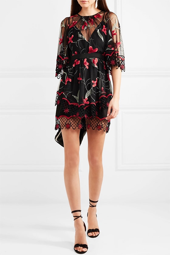 summer wedding guest dresses with sleeves 2 ALICE MCCALL Wish You Were Here guipure lace-trimmed embroidered tulle mini dress