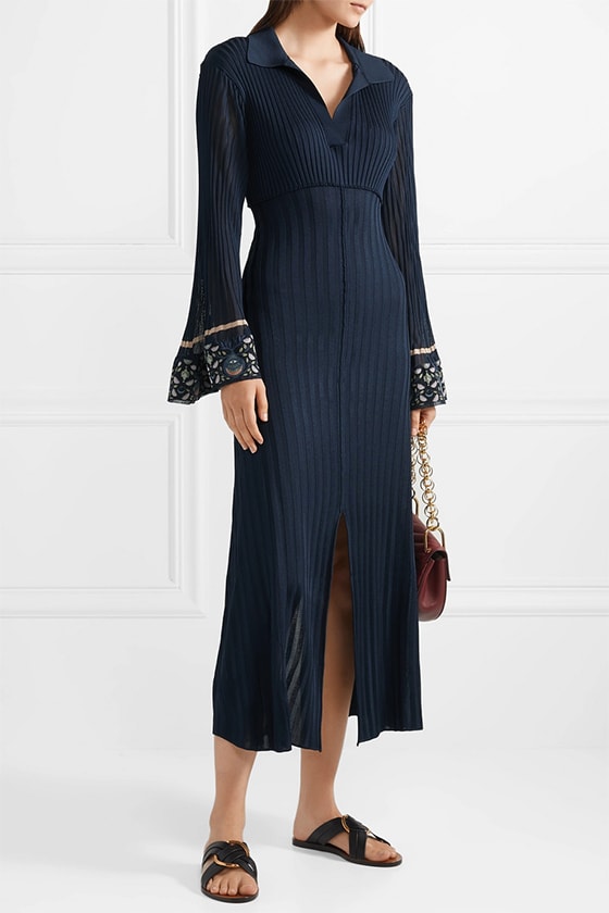 summer wedding guest dresses with sleeves 6 CHLOÉ Printed georgette-trimmed ribbed stretch-knit midi dress