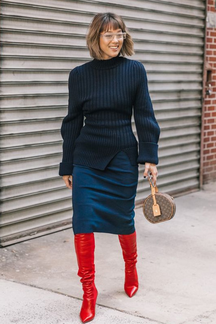 Fall Winter Street Style Dresses with Red Boots