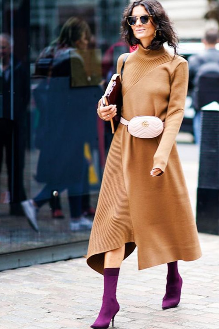 Fall Winter Street Style Dresses with Purple Sock Boots