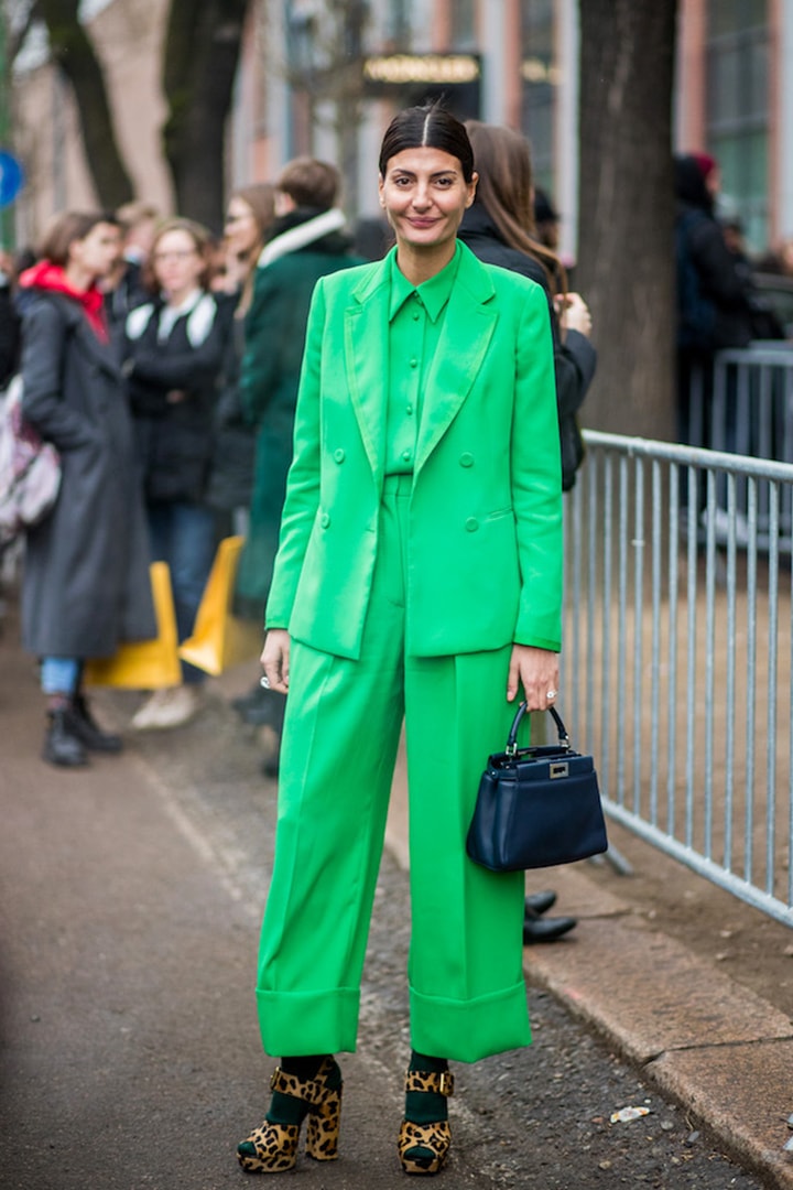 Green Suit Socks with Leopard Heels Fall Winter Street Style