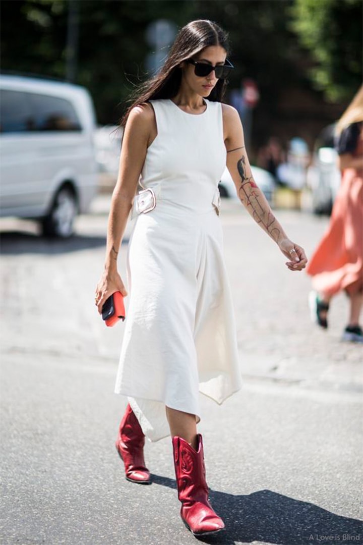 Fall Winter Street Style Dresses with Red Boots