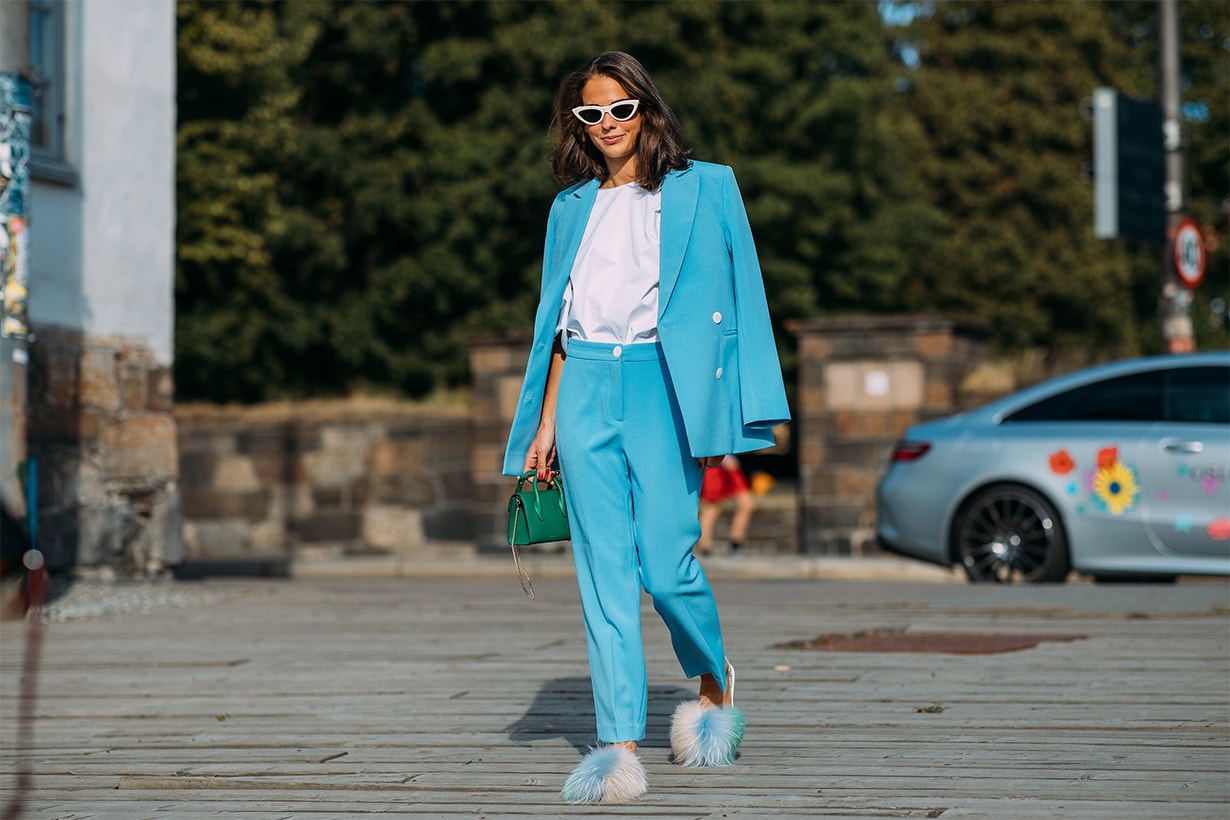 Street Style at Oslo Fashion Week Spring 2019 blue suit