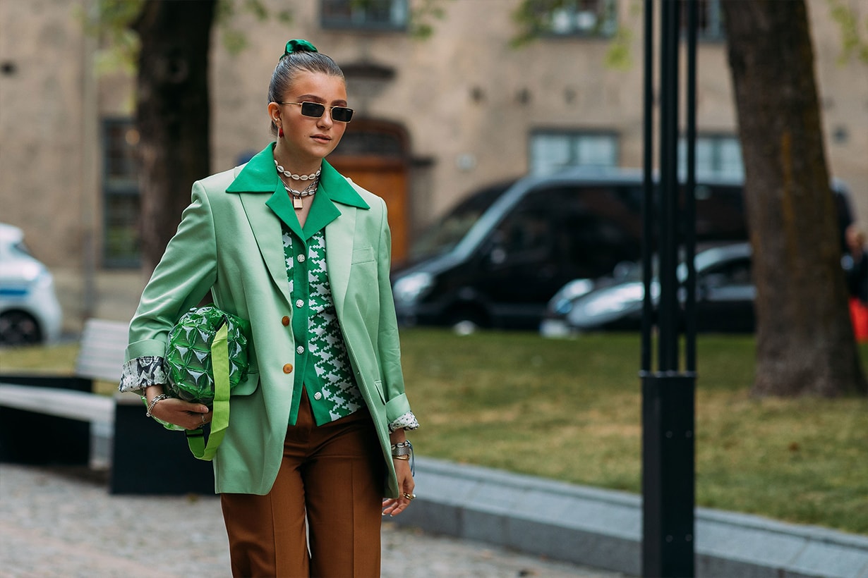 Street Style at Oslo Fashion Week Spring 2019 green blazer shirt
