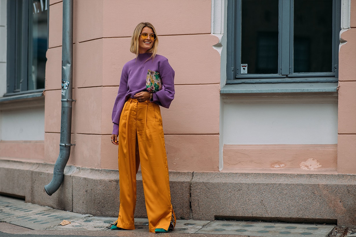 Street Style at Oslo Fashion Week Spring 2019 orange purple