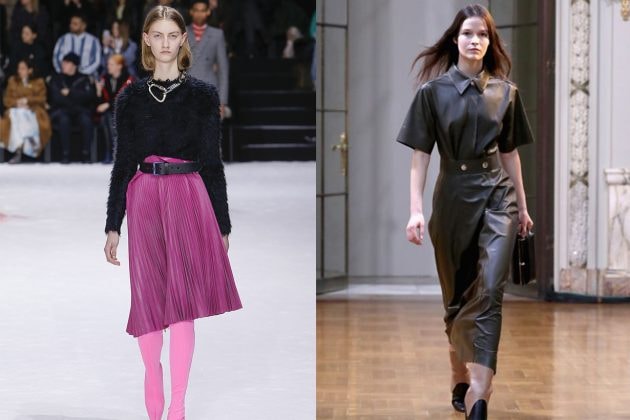 A pleated skirt at Balenciaga and a leather dress at Victoria Beckham Fall 2018