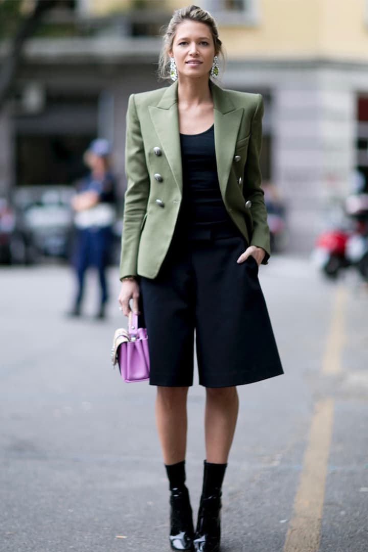 green blazer shorts boots