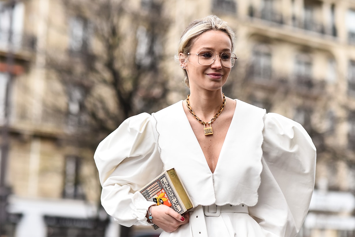 Anouki Areshidze is seen wearing a white Anouki dress outside the Ann Demeulemeester show during Paris Fashion Week: AW20 on February 27, 2020 in Paris, France.