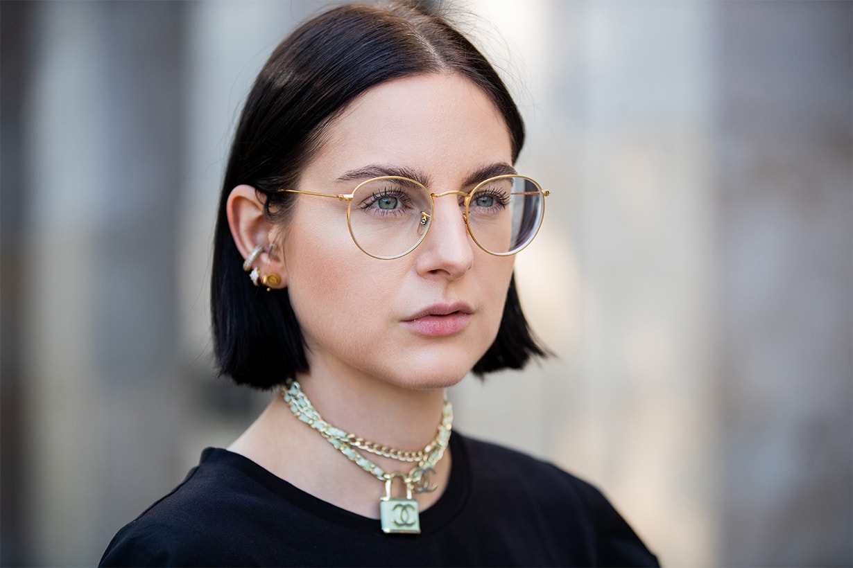 Maria Barteczko is seen wearing logo chain choker Chanel, retro glasses Ray Ban on August 25, 2019 in Duesseldorf, Germany.