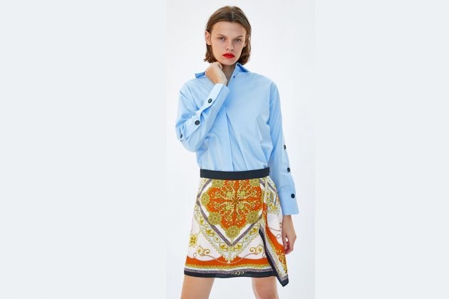 zara_silk skirt with blue shirt