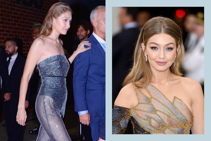 雖然不及好姊妹們性感,但穿著水晶連身褲的 Gigi Hadid 已豔壓全場!
