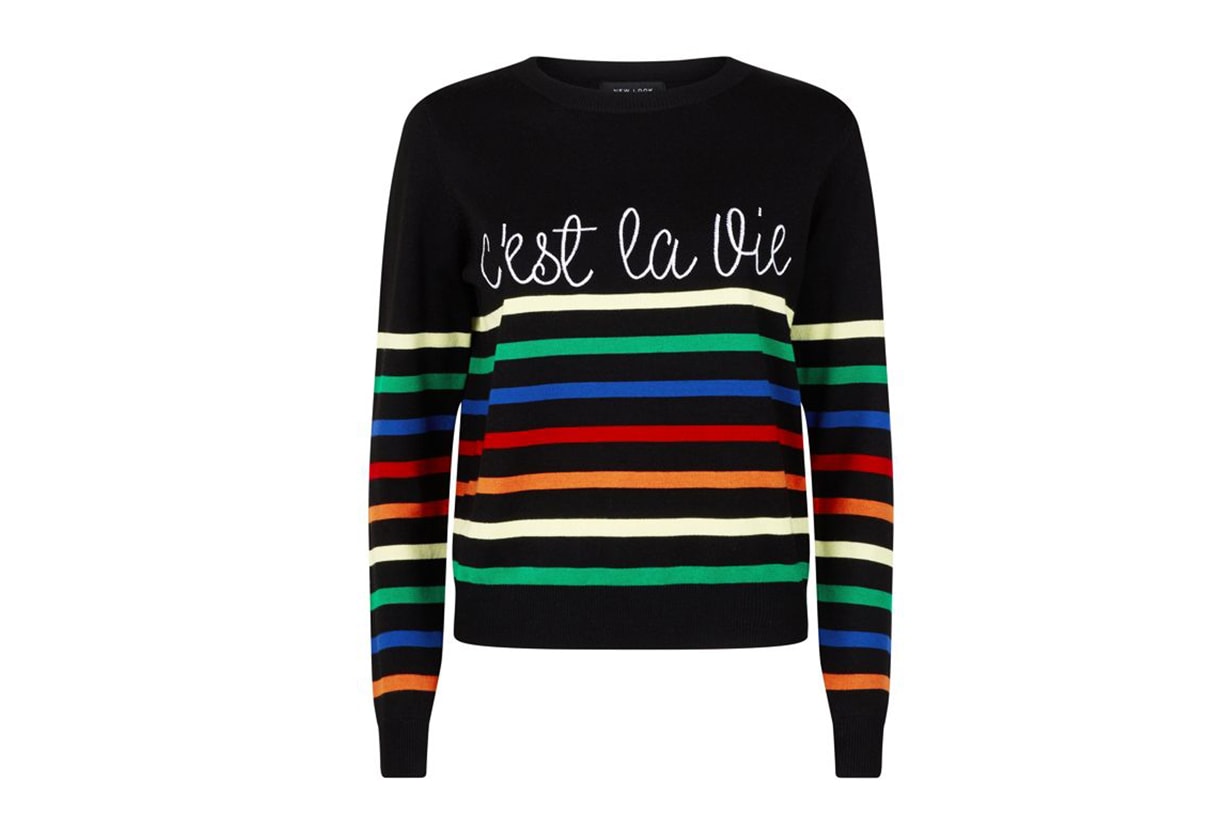 New Look Black Stripe C'est La Vie Slogan Jumper 