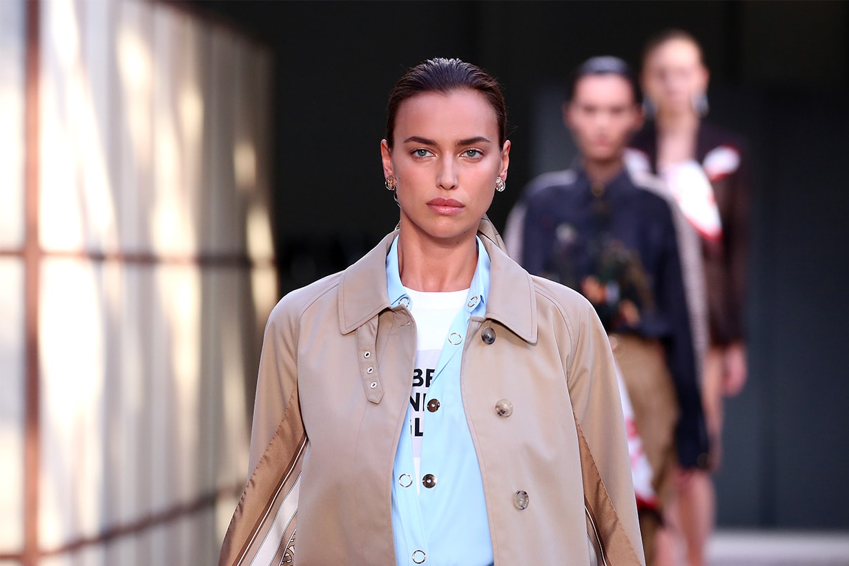 Model Irina Shayk on the catwalk during the Burberry London Fashion Week SS19 show held at The South London Mail Centre.