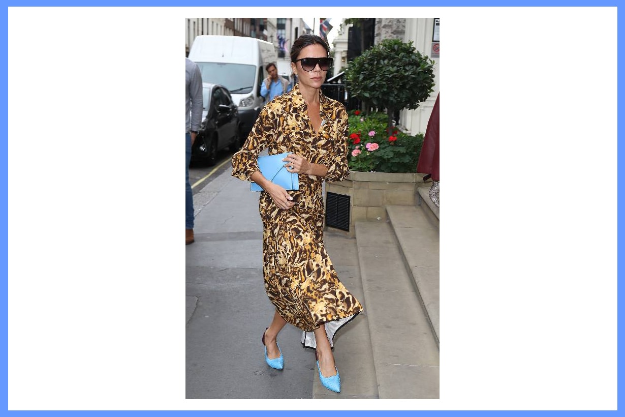 Victoria Beckham leopard print 2018 fall winter must have trend dress blue high heels street style celebrities styles