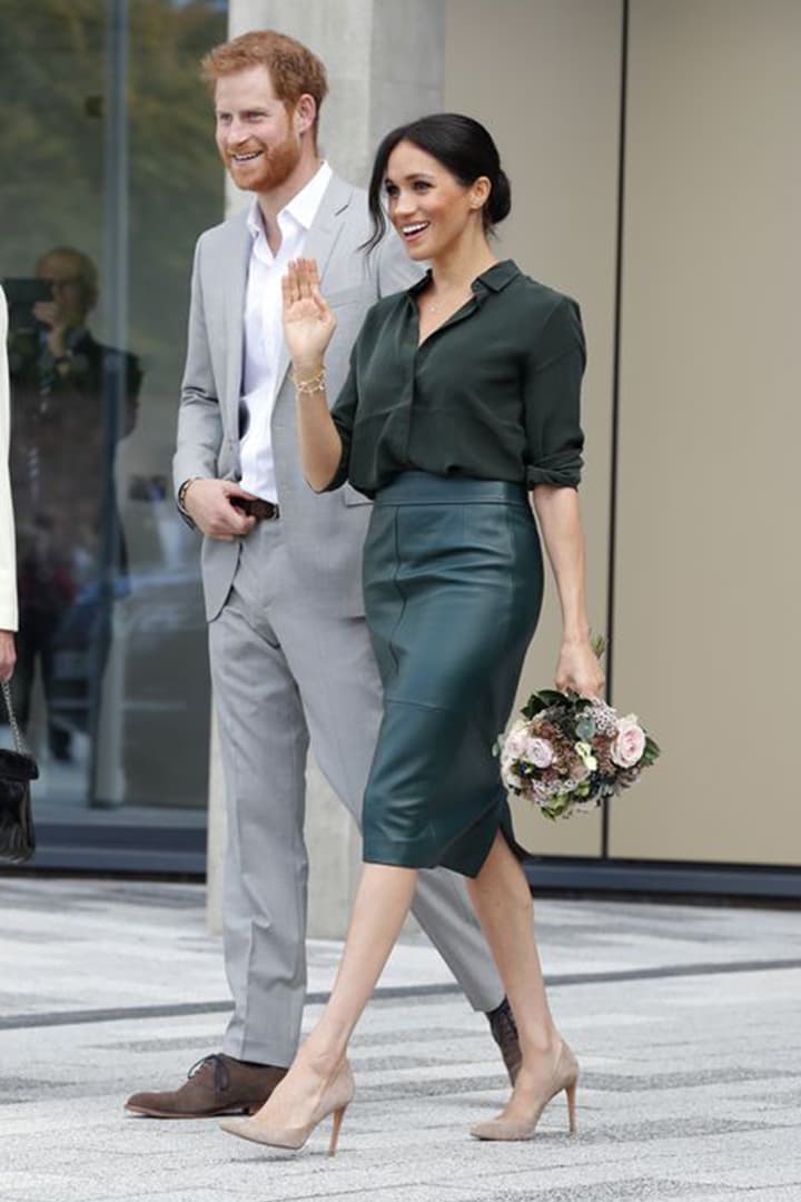 Meghan Markle Silk Blouse and Leather Pencil Skirt