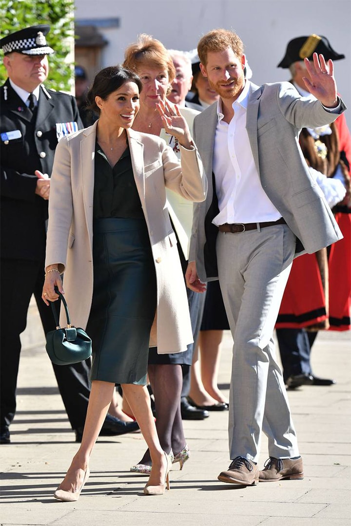 Meghan Markle Silk Blouse and Leather Pencil Skirt