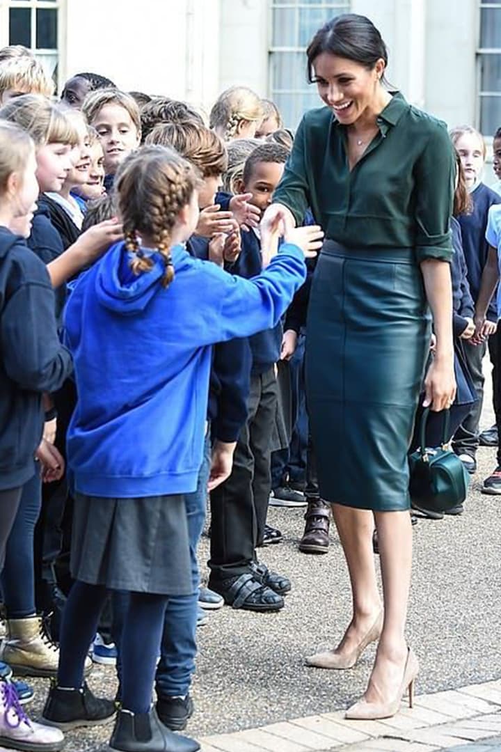 Meghan Markle Silk Blouse and Leather Pencil Skirt
