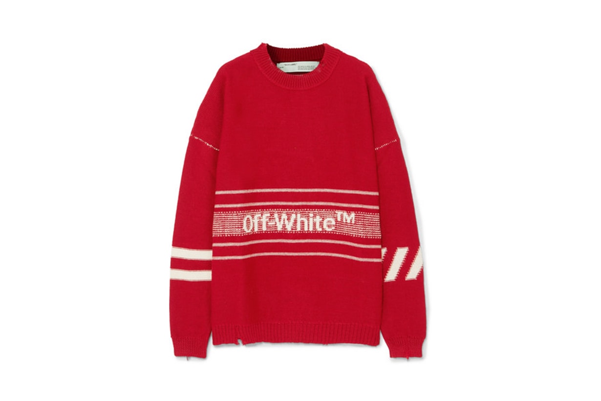 Off-White Oversized Distressed Embroidered Intarsia Wool Sweater