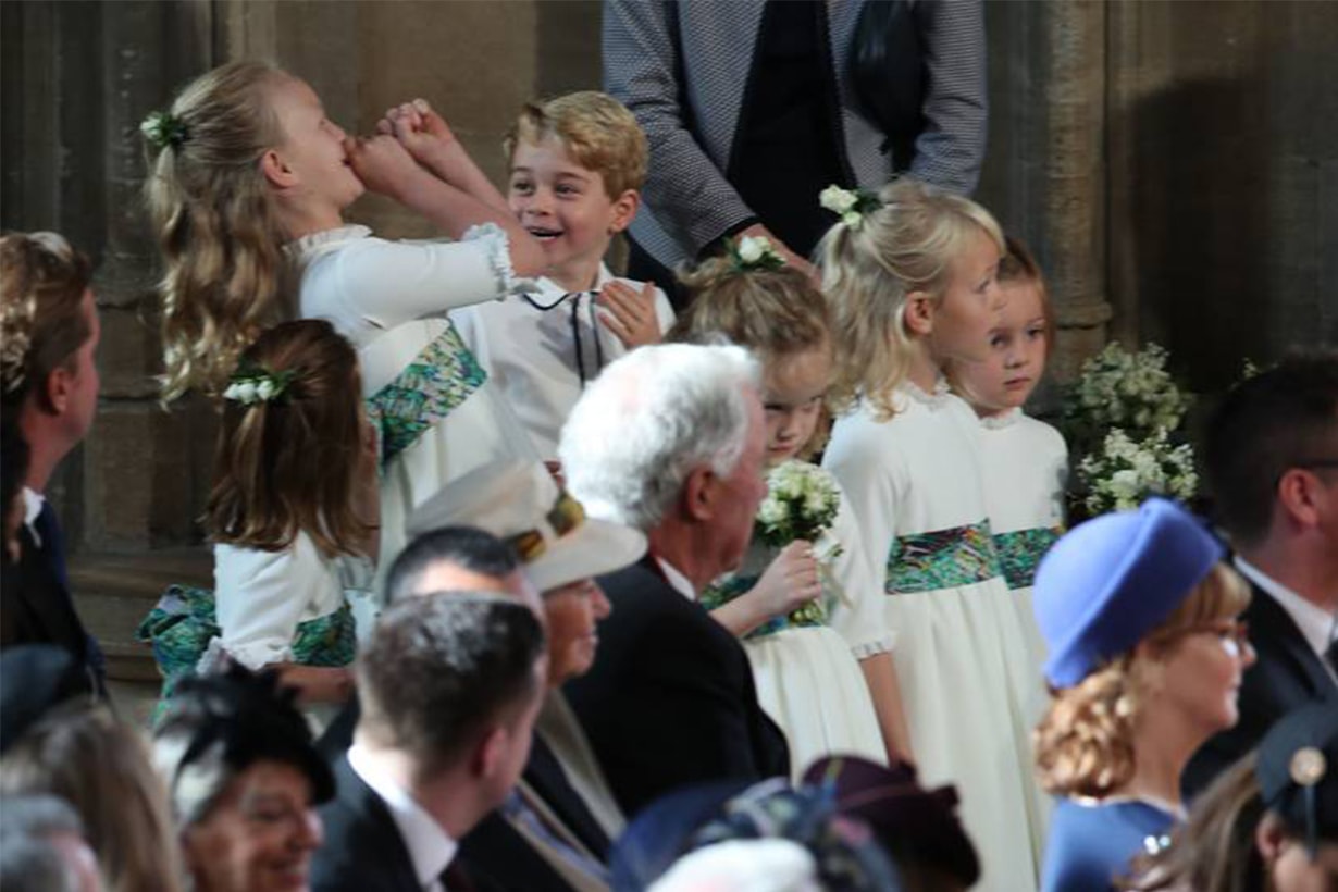 Prince George and Savannah Phillips larking around at Princess Eugenie's wedding