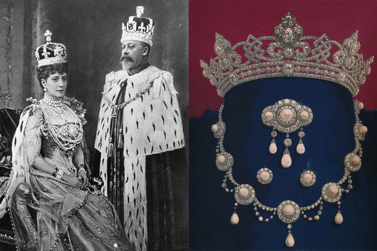 Queen Alexandra wearing the necklaces and King Edward VII on his coronation day.