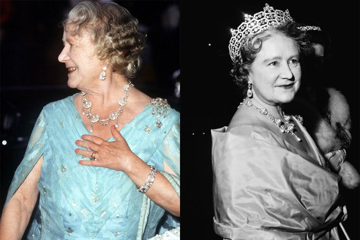 The Queen Mother wearing the necklace in 1985 and 1964.