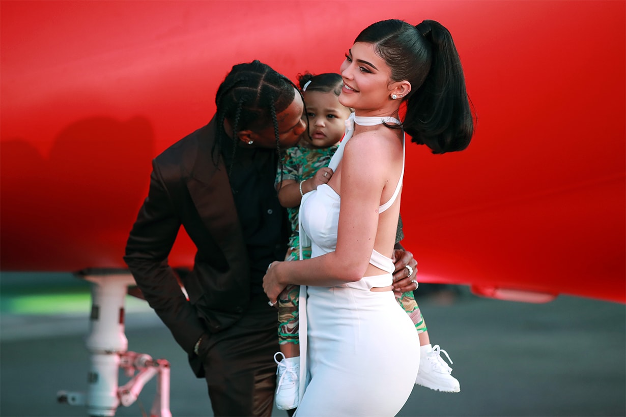 Travis Scott, Stormi Webster, and Kylie Jenner attend the premiere of Netflix's "Travis Scott: Look Mom I Can Fly" at Barker Hangar on August 27, 2019 in Santa Monica, California. (