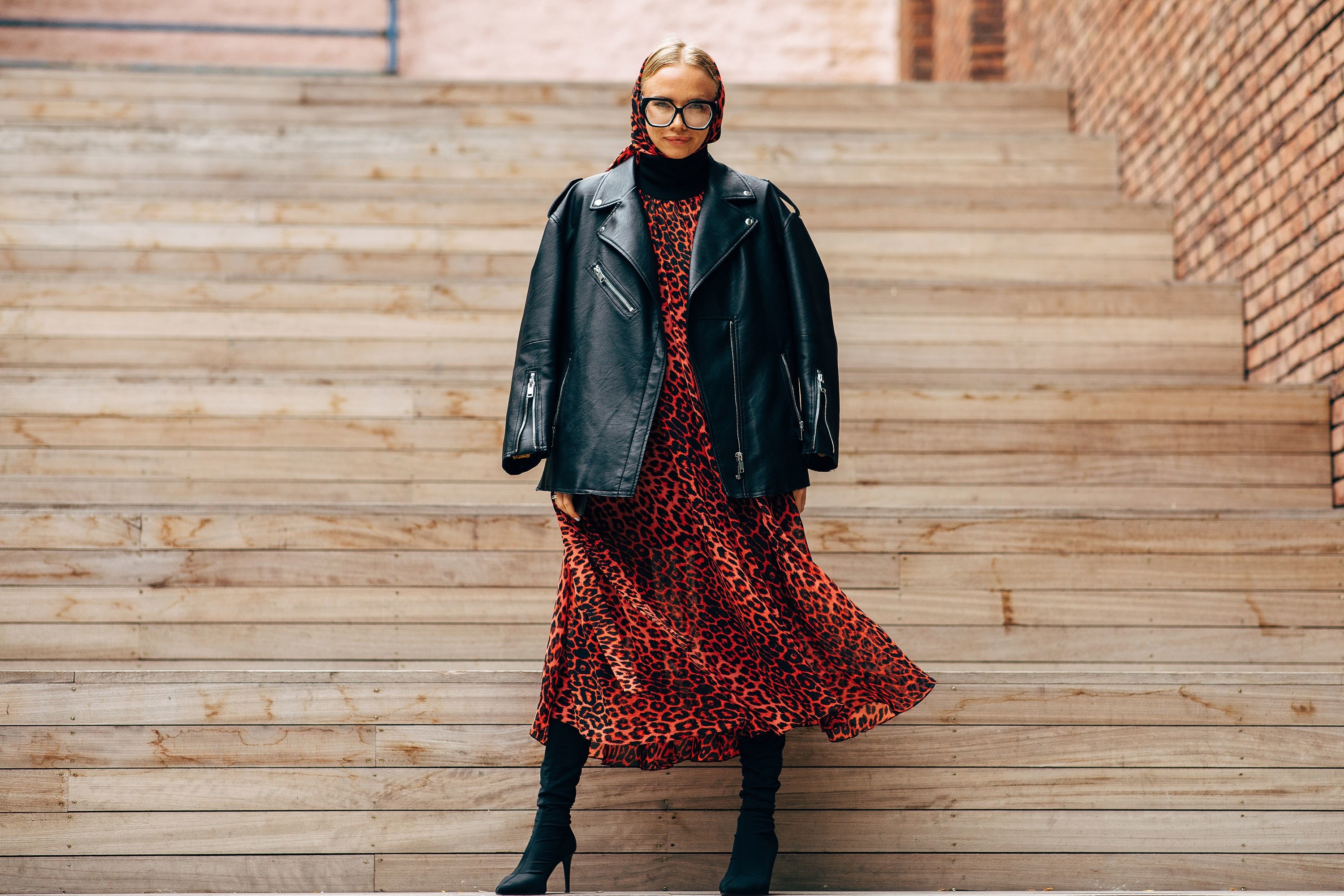 Leather Jacket Midi Dress Street Style at Tbilisi Fashion Week Spring 2019