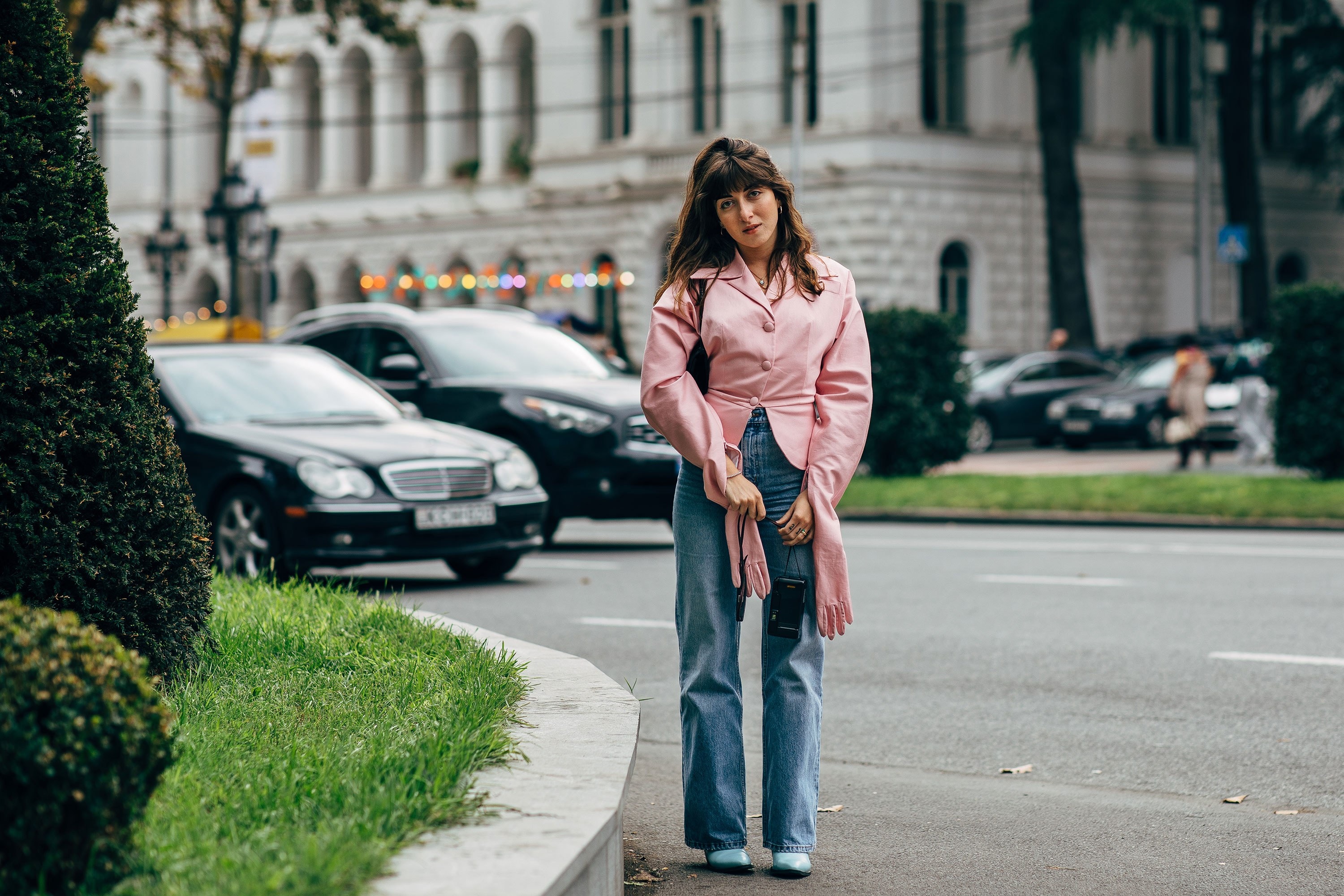 Denim Pink Blouse Street Style at Tbilisi Fashion Week Spring 2019