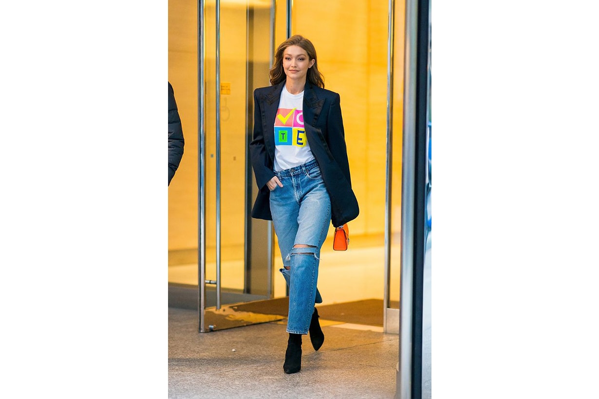 Gigi Hadid Vote T-shirt Blazer Jeans Street Style 