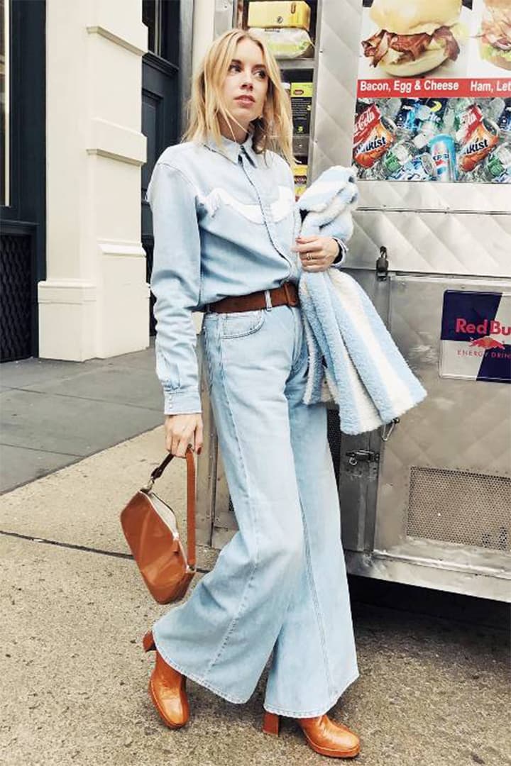 Blue and brown fashion trend denim on denim street style