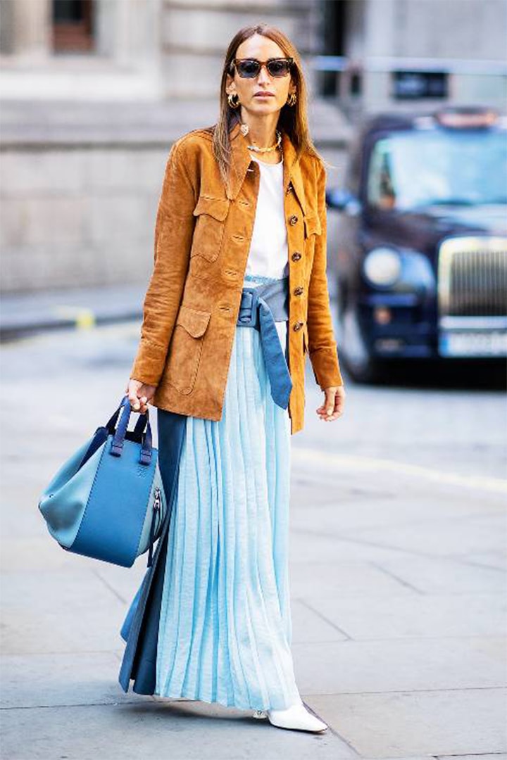 Blue and brown fashion trend suede Jacket street style