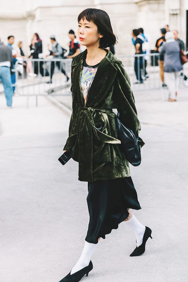 black slip dress V neck heels winter street style