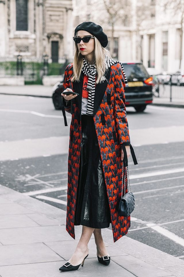 winter coat beret leather skirt street style