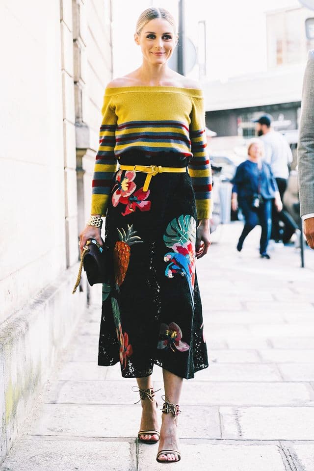 Olivia Palermo Printed Black Dress Off Shoulder Knitwear