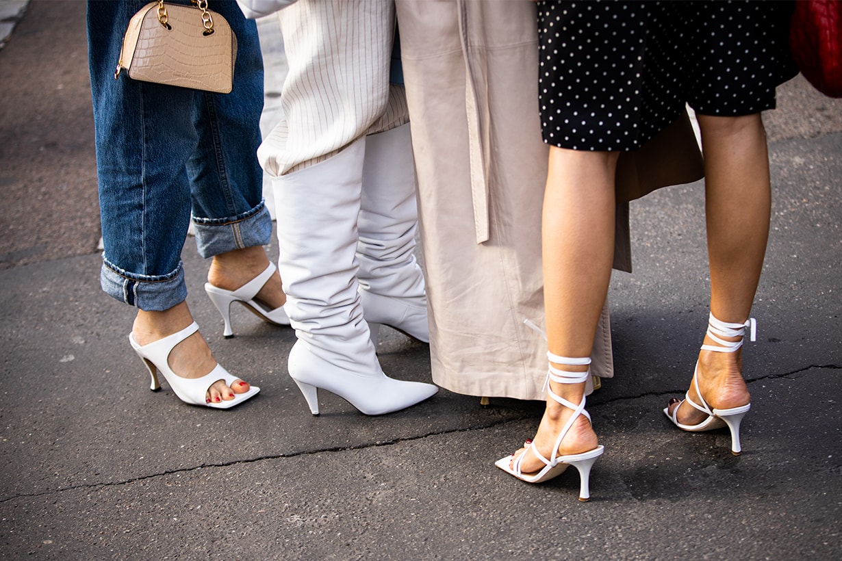 Guests, shoes details, is seen outside Max Mara show, during Milan Fashion Week Fall/Winter 2020-2021 on February 20, 2020 in Milan, Italy.