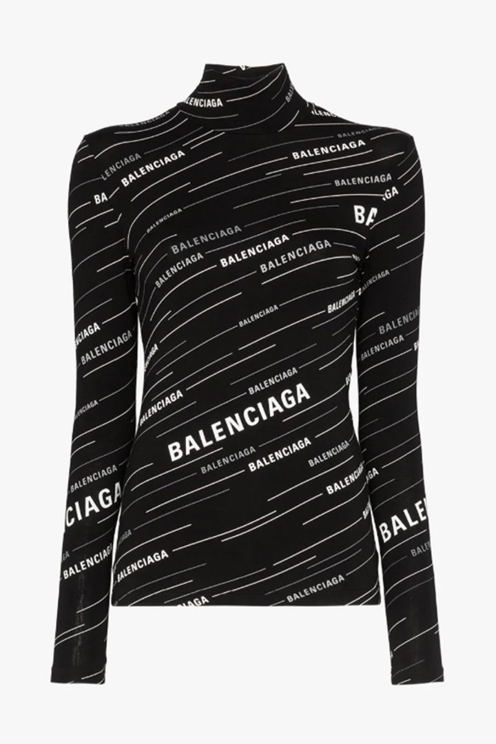 Balenciaga SS19 Collection All-Over Logo Print Cotton Turtleneck