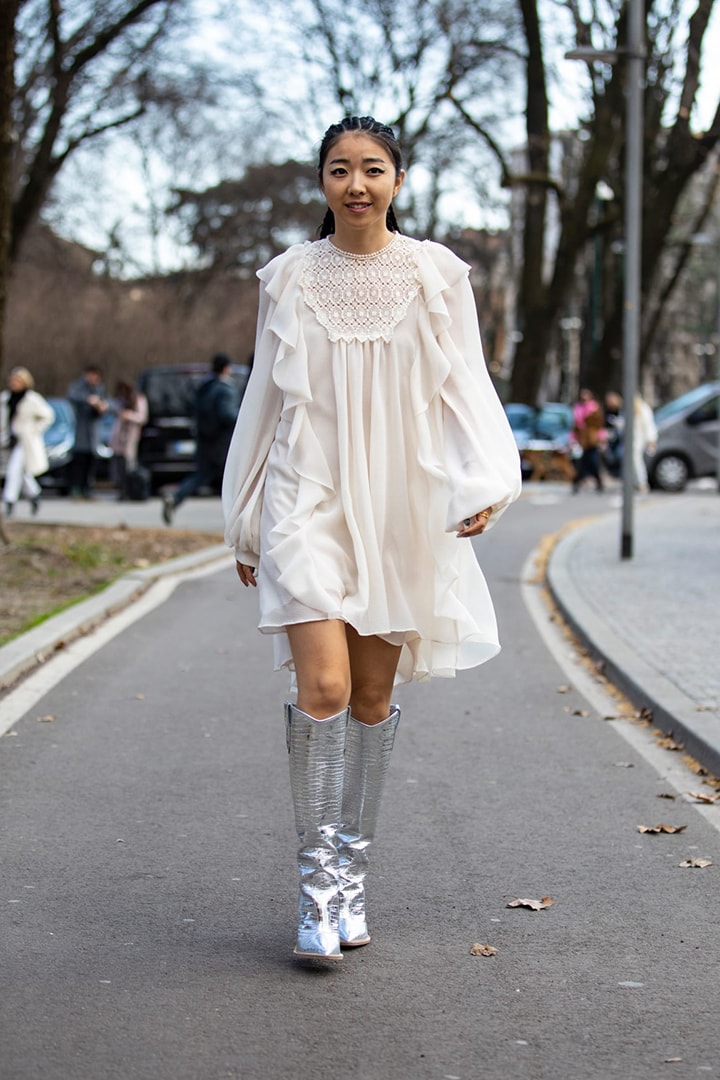 White Dress Metallic Boots Outfits Street Style