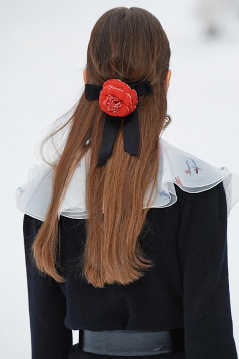 Chanel Paris Fashion Week PFW 2019 Fall Hair Clips Barrettes Hairstyles trend Sam McKnight Camelia flower Ribbon hair accessories