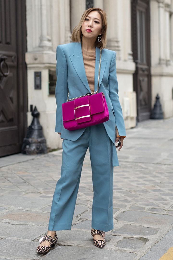 Blue Suit Purple Crossbody Bag Street Style